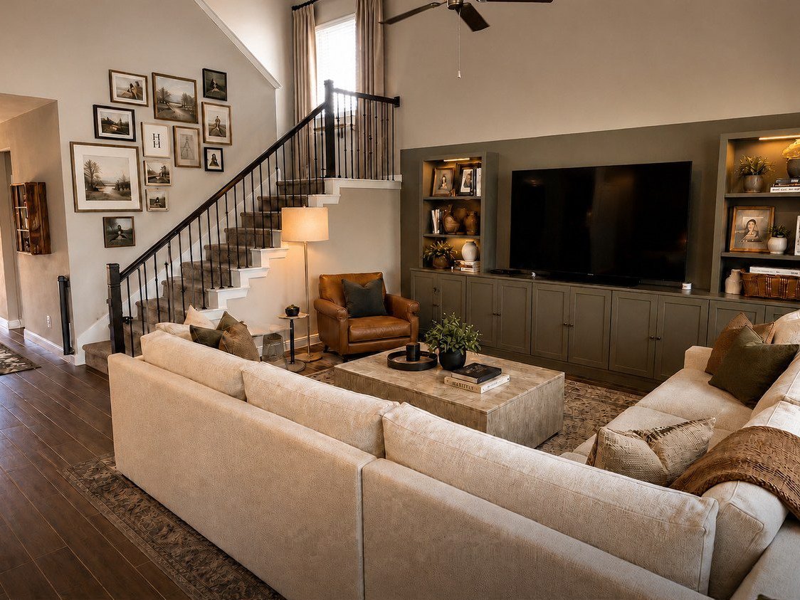 Family room with moody olive built ins, cognac leather chair and layered lighting